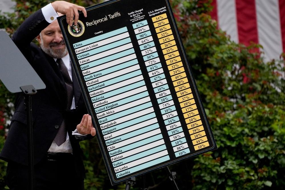 Poster tarif resiprokal selama pengumuman tarif di Rose Garden Gedung Putih di Washington, DC, AS, pada Rabu, 2 April 2025. Trump berencana untuk memberlakukan tarif terhadap mitra dagang global, yang merupakan inti dari upayanya untuk membawa kembali manufaktur ke AS dan membentuk kembali sistem perdagangan dunia yang telah lama dikecamnya sebagai tidak adil. Fotografer: Kent Nishimura / Bloomberg
